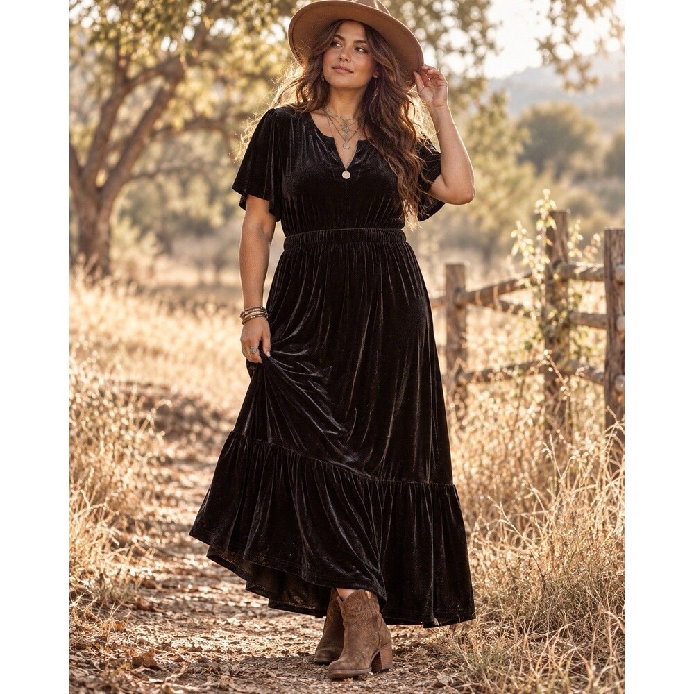 Terra & Sky Black Velvet Maxi Dress 0X V-Neck Tiered Elastic Waist